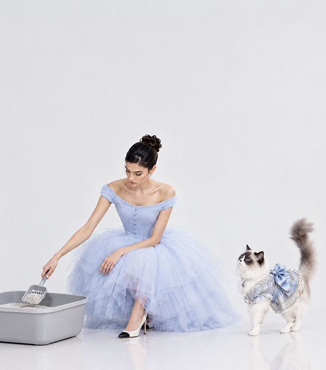 Fashion campaign featuring a model beside a cat litter tray
